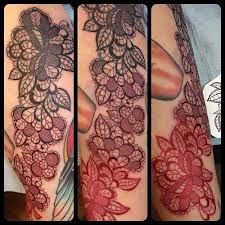 three different views of a woman's arm with lace on it and flowers in the middle