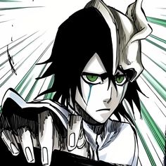 an anime character with green eyes and black hair, pointing at something while holding his arm out