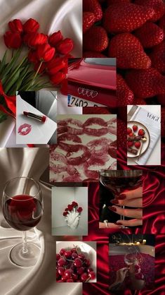 a collage of photos with red flowers and lipstick on them, including strawberries