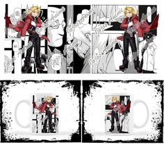 a comic strip with an image of a man in red and black clothes holding a coffee mug