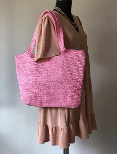 Any woman must have this bag for every fashionista.Whether you keeping it to yourself or gifting someone you care, it will be unforgettable. ✔️I made this beautiful bag from natural paper rope which is organic cotton. ✔️The interior of the straw summer bag has a magnetic button. Suitable for use as shoulder bag, beach bag or party bag ✔️You can combine your clothes with a straw summer bag on summer days ✔️Handcrrafted in Turkey ✔️Hand-crocheted with care ✔️This bag is light weight yet durable, b Square Crochet Bag With Adjustable Strap For Beach Season, Square Straw Bag For Vacation, Beach Square Shoulder Bag, Pink Woven Bags For Beach Season, Pink Straw Tote Bag With Braided Handles, Pink Straw Tote Bag, Trendy Pink Woven Straw Bag, Trendy Jute Crochet Bag With Adjustable Strap, Pink Rectangular Straw Bag With Adjustable Strap