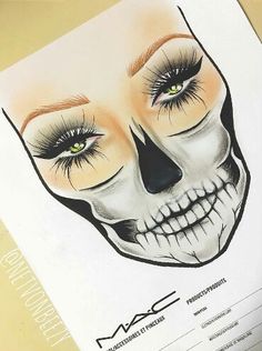 Mac Halloween Makeup, Halloween Skull Makeup Half Face, Halloween Skeleton Makeup Half Face, Skeleton Half Face Makeup, Face Chart Makeup Ideas Creative, Halloween Facechart, Half Face Skeleton Makeup, Half Face Skull Makeup, Skeleton Face Tattoo