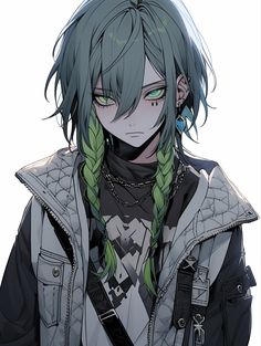 an anime character with green hair and piercings