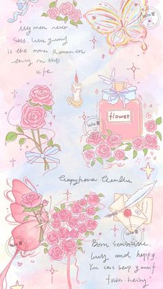 a drawing of flowers and butterflies on a pink watercolor background with words written below