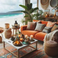 a living room filled with furniture and decor on top of a floor next to the ocean