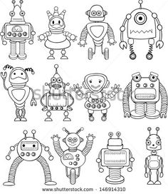 black and white cartoon robots set