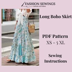 Boho Skirt Sewing Pattern - Digital PDF Download | Flowy, Comfortable. Sew your own beautiful boho skirt with this easy-to-follow sewing pattern! Designed for those who love a relaxed, flowy style, this skirt is perfect for everyday wear or special occasions.  PATTERNS OFFER: GET 16 PATTERNS BUNDLE AND PAY FOR 6. GET 2 BLOUSE PATTERNS WITH DISCOUNT. GET 4 DRESSES PATTERNS BUNDLE WITH DISCOUNT. GET 5 SKIRTS PATTERNS BUNDLE PAY FOR 4 AND GET 3 TOP PATTERNS FOR FREE. GET 4 TOP PATTERNS BUNDLE E GET Plus Size Skirt Pattern Free, Boho Sewing Patterns Bohemian Style, Boho Skirt Pattern, Skirt Sewing Pattern Free, Maxi Skirt Sewing Pattern, Long Boho Skirt, Skirts Patterns, Dresses Patterns, Skirt Pattern Free