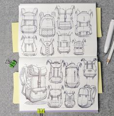 two notebooks with drawings of backpacks on them next to some pens and markers