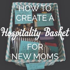 the words how to create a hospital basket for new moms are in white letters