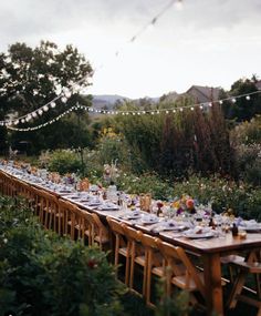 a long table set up in the middle of a garden with string lights strung over it