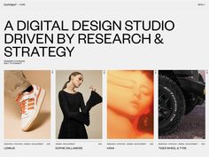 an image of a website page with images and text on the bottom right corner, below which reads a digital design studio driven by research & strategy