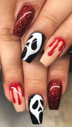 Follow me on LTK & IG for more content @itzellovato   Halloween nail inspo, Halloween aesthetic, ghost face, scream house, scream movies, horror movies, blood nails, ghost face nails, scream nails, scream inspired nails, Halloween inspired nails, autumn nails, fall nails, fall nails inspo, Halloween long nails Blood Nails, Nail Art Halloween, Cute Halloween Nails