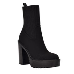 Day To Night The Guess Klynne Bootie Will Carry You Through It All. It Features A Lug Sole And Chunky Heel, With A Chic Knit Upper. 4.53" Block Heel, 1.38" Platform Shaft Height - 6.18", Circumference - 9.06" Shoe Width - Medium Pull On, Slip On Closure Textile, Faux Leather Upper, Man-Made Lining, Leather, Man-Made Sole Round Toe Lug Sole Platform Boot Faux Leather, Textile Spot Clean Imported Black High Heel Platform Boots For Winter, Black Closed Toe Winter Heels, Black Closed Toe Heels For Winter, Winter Black Closed Toe Heels, Trendy Black Heels With Lug Sole, Black Heels With Reinforced Heel For Winter, Black Winter Heels With Reinforced Heel, Winter Black Heels With Reinforced Heel, Black Heeled Boots With Lug Sole For Fall