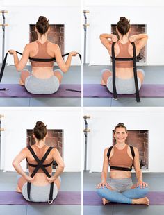 the woman is doing yoga exercises with her back and shoulder straps tied to her waist