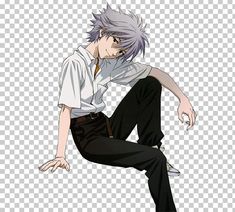 an anime character sitting on the ground with his legs crossed, wearing black pants and white shirt