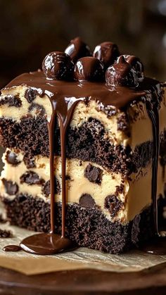 a piece of cake with chocolate and oreo cookies on top