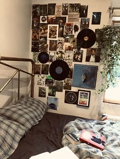 a bed with lots of records on the wall above it and a plant in front of it