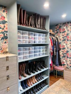 the closet is full of shoes and other items in plastic storage bins on shelves