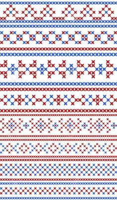 a set of knitted patterns in red, white and blue