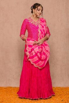 Shop for Surbhi shah Pink Pure Cotton Bandhej Print Kurta Lehenga Set for Women Online at Aza Fashions Crushed Lehenga, Bandhej Lehenga, Leheriya Dupatta, Bandhej Print, Kurta Lehenga, Pink Kurta, Embroidery Print, Scalloped Border, Pattern Embroidery