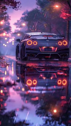 a sports car driving through the rain at night with its headlights turned on and headlamps glowing