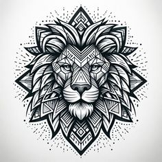 a black and white drawing of a lion's head with geometric designs on it