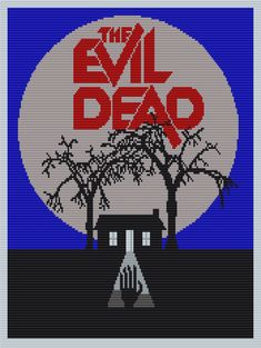 the evil dead cross stitch pattern on a blue and white background with trees in front of it