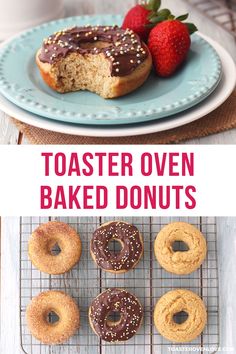 buttermilk baked donuts on a cooling rack with strawberries