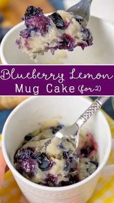 blueberry lemon muffin cake for two in a white bowl with a spoon on the side