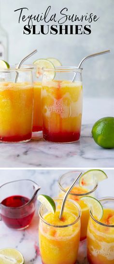 tequila sunrise slushies in small glasses with limes and lemon wedges