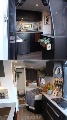 two pictures of a kitchen and living room in a small house or rv with the door open