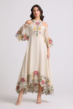 Ivory chanderi dress with 3D floral, multi-colored thread and beaded applique embroidery. - Aza Fashions Embroidery Dress Wedding, Chanderi Dress, Dress With Embroidered Flowers, Floral Applique Dress, Cold Shoulder Sleeves, Floral Halter Dress, Applique Shirts, International Style, Beaded Neckline