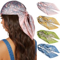 PRICES MAY VARY. KEEP AWAY FROM DUST - This silk head scarf can be a head wrap for long, short, thin, thick, straight, and curly hair, keeping the hair away from dust and sun. Breathable and shiny NOT JUST A SILK BANDANA - These headscarves are head wraps for sleeping, a shawl for the beach, a hat, a neck scarf, a wild rag o r even a mask for going out. As long as you have enough ideas this square scarf can appear anywhere! FASHION MATCHING ITEMS - This unique and fashionable satin head bandana Square Head Scarf, Hair Kerchief, Kerchief Hair, Head Bandana, Ladies Head Scarf, Silk Headscarf, Head Scarves, Silk Bandana, Wild Rag