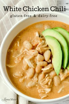 white chicken chili with avocado in a bowl