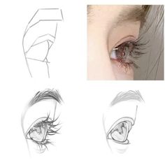 three different views of an eye, one with long eyelashes and the other with short lashes