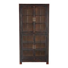 an old wooden cabinet with glass doors on the front and bottom, against a white background