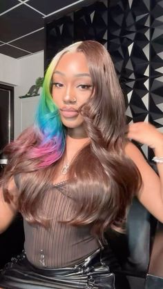 Rainbow And Brown Hair, Brown Hair With Rainbow Highlights, Brown And Pink Wig, Rainbow Highlights, Pretty Wigs, Rainbow Wig, Swag Pics, Quick Natural Hair Styles, Pink Wig