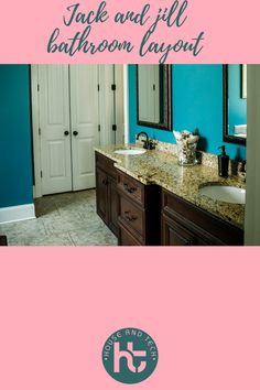 a bathroom with blue walls and pink countertops is featured in this ad for jack and julia's bathroom layout