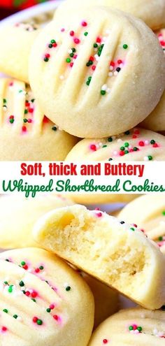 soft, thick and buttery whipped shortbread cookies with sprinkles