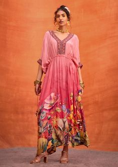 Pink Bianca Kaftan by Kalista, available on Indiaspopup.com Tuxedo Accessories, Ritu Kumar, Beach Wedding Guests, Jacket Cape, Summer Wedding Guests, Summer Bride, Hand Work Embroidery, Beach Bride, Sharara Set