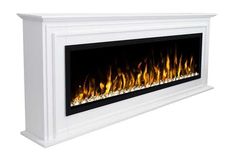 an electric fireplace with bright flames on the side and white frame, against a white background