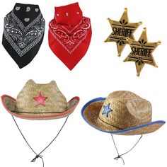 cowboy hats and bandannas with sheriff stars on them