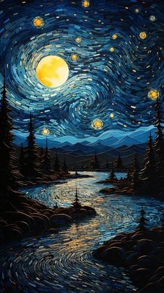 the night sky and stars are painted with acrylic paint on canvas, which looks like a painting