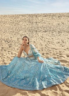 Light Blue Lehenga, Worked Blouse, Powder Blue Dress, Mirror Work Blouse, Blue Lehenga, Blue Mirror, Silk Lehenga, Deep Neckline, Blue Mirrors