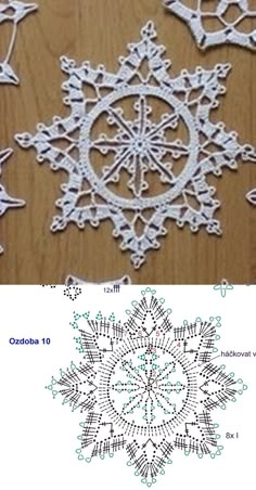 several snowflakes are shown on a table with the same pattern as it appears