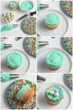 there are several pictures of cupcakes with frosting and sprinkles