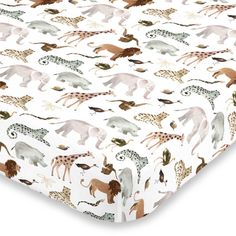 an image of a baby crib sheet with animals on it