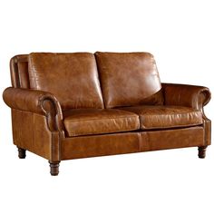 a brown leather couch sitting on top of a white background