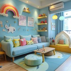 a living room with blue walls and colorful furniture in the corner, including a rainbow - themed wall