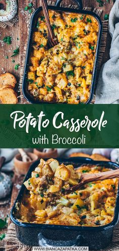 potato casserole with broccoli in a blue dish on a wooden table